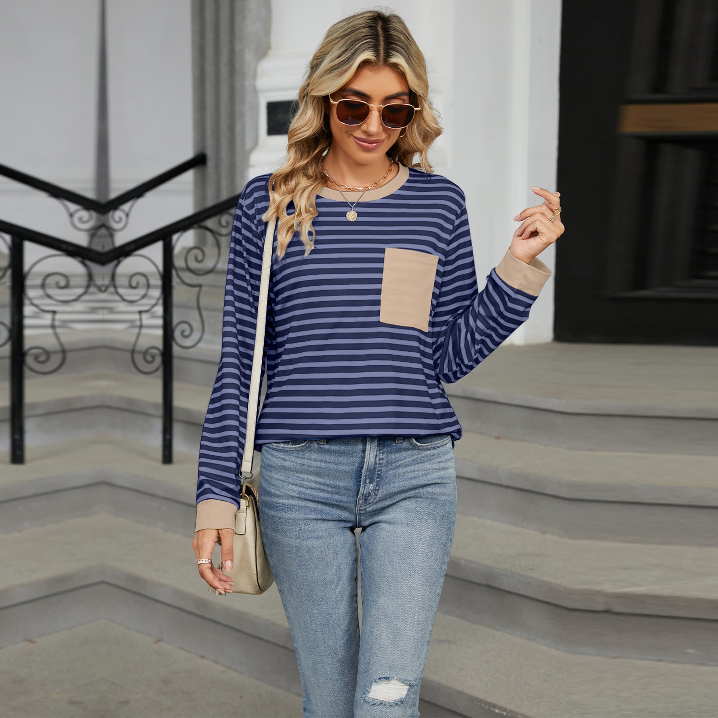 Striped Color-Block Pocket Long-Sleeve Top - Multi-Color Casual Women's T-Shirt