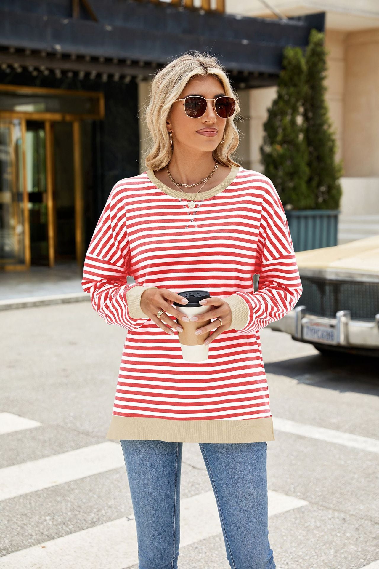 Striped Color-Block Slit Long-Sleeve Top - Multi-Color Casual Women's T-Shirt