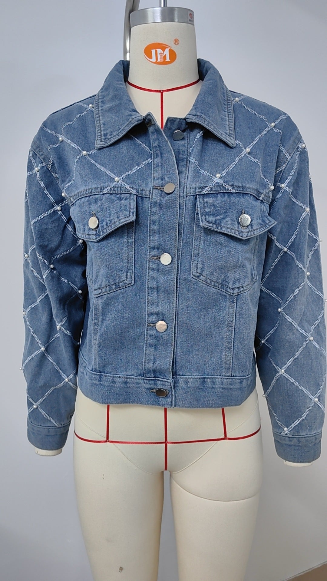 Argyle Pattern Denim Jacket - Blue Quilted Women's Outerwear