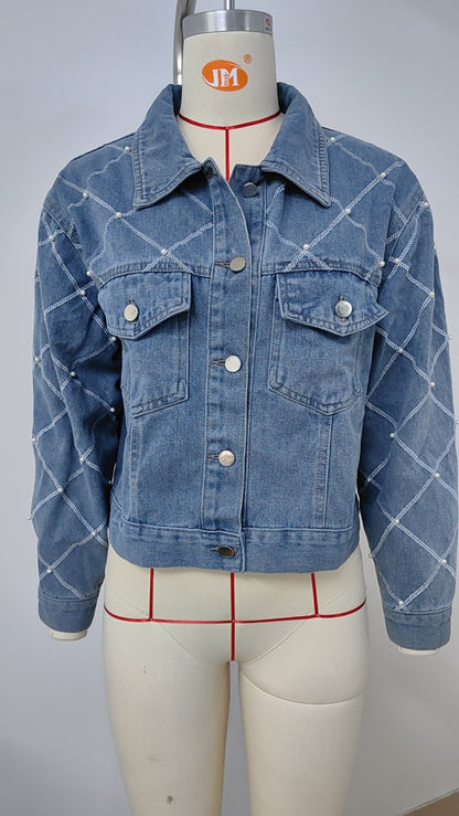 Argyle Pattern Denim Jacket - Blue Quilted Women's Outerwear