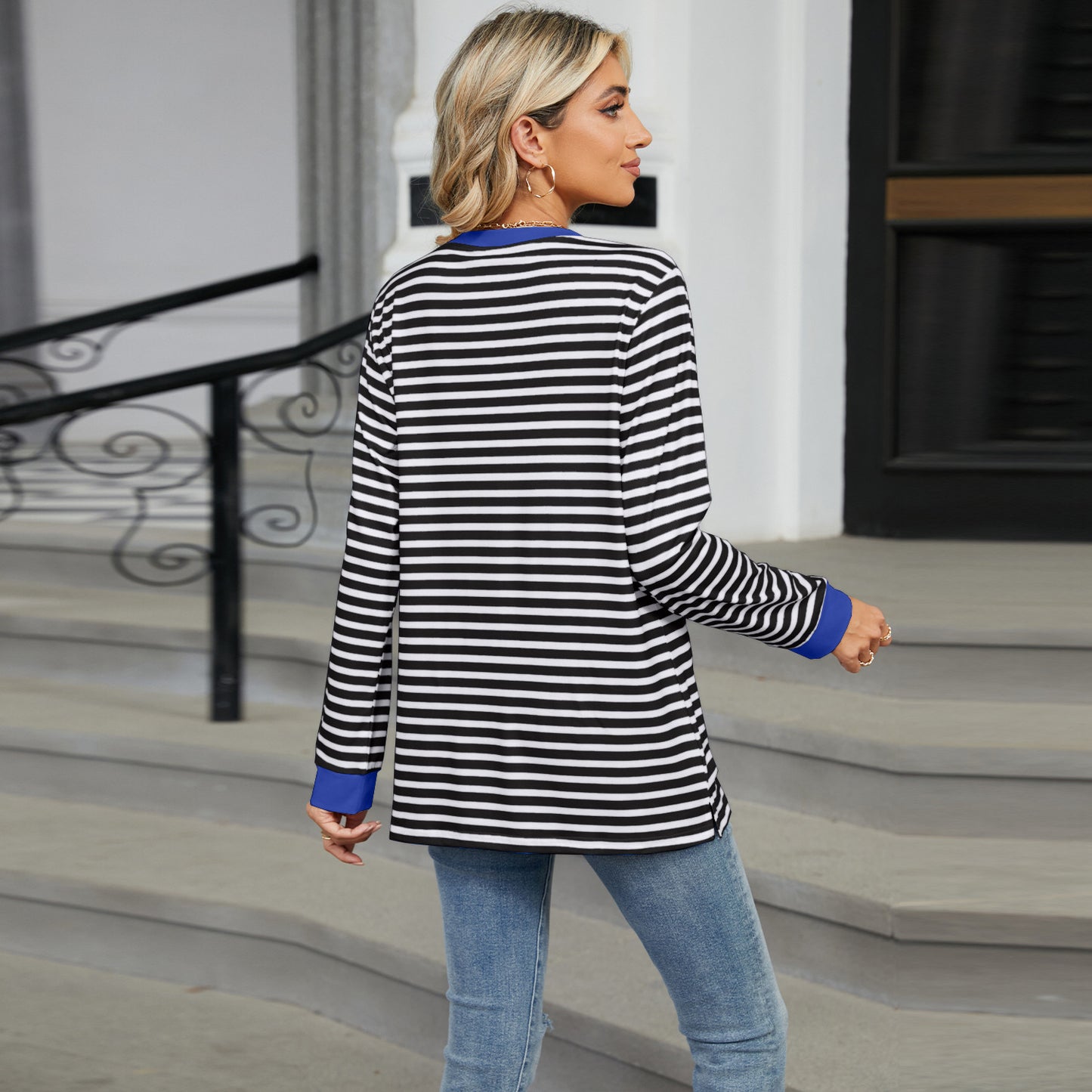 Striped Color-Block Pocket Long-Sleeve Top - Multi-Color Casual Women's T-Shirt