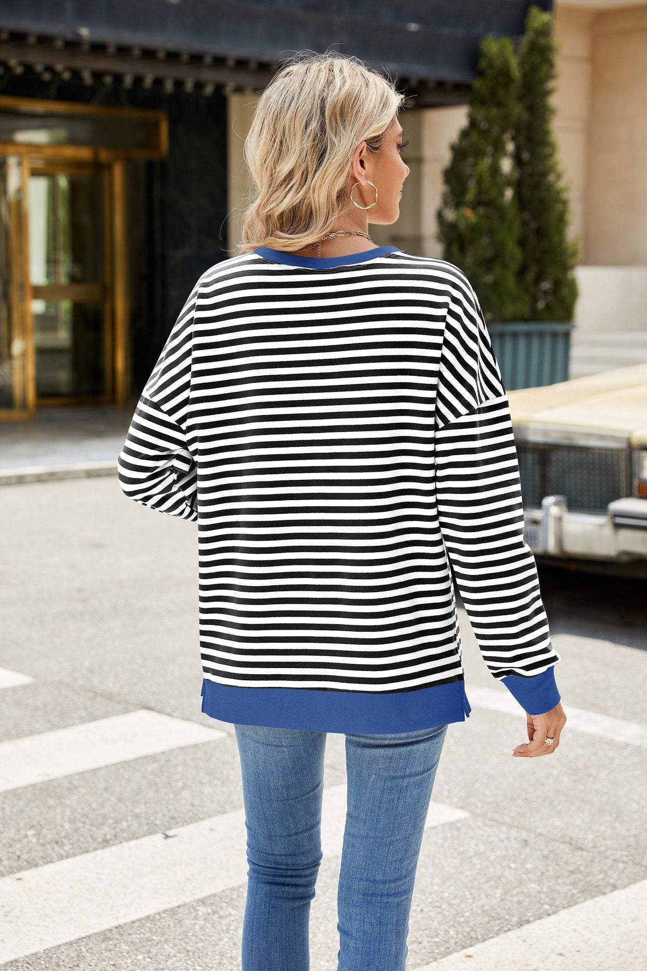 Striped Color-Block Slit Long-Sleeve Top - Multi-Color Casual Women's T-Shirt