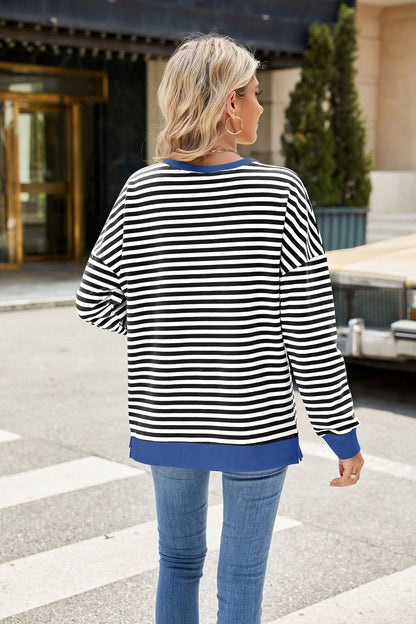 Striped Color-Block Slit Long-Sleeve Top - Multi-Color Casual Women's T-Shirt