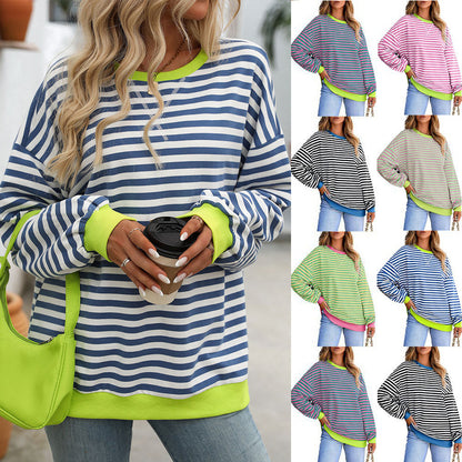 Striped Color-Block Sweatshirt - Multi-Color Loose-Fit Women's T - Shirt