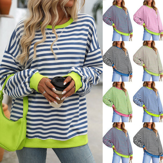 Striped Color-Block Sweatshirt - Multi-Color Loose-Fit Women's T - Shirt