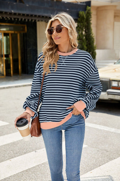 Striped Color-Block Long-Sleeve Top - Multi-Color Casual Women's T-Shirt