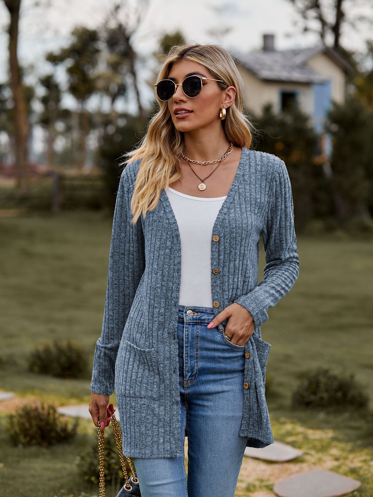 Rib - Knit Cardigan - Multi - Color Long Women's Knitwear