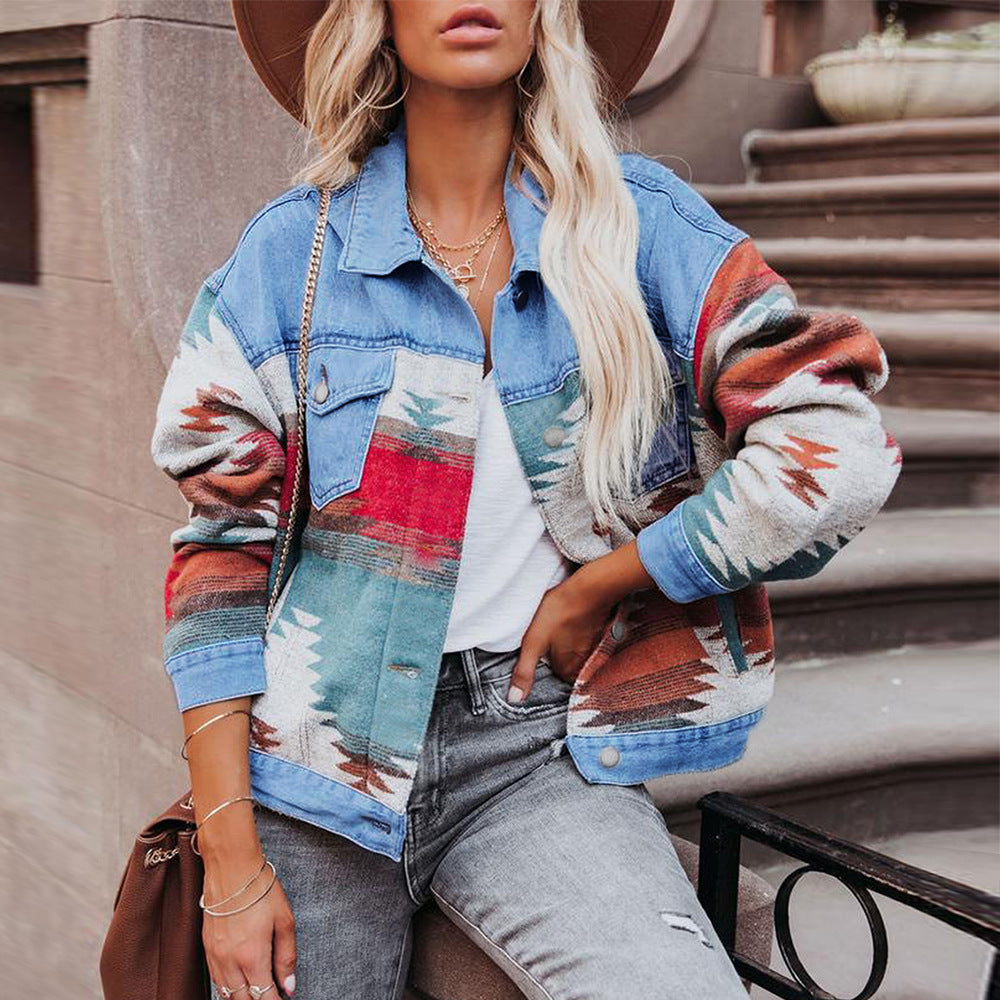 Ethnic Style Patchwork Denim Jacket - Color-Block Printed Women's Outerwear