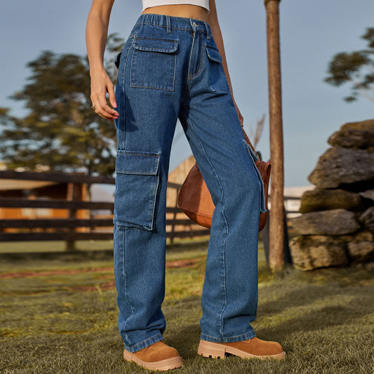 Multi - Pocket Cargo Denim Pant - Loose Straight Women's Trousers
