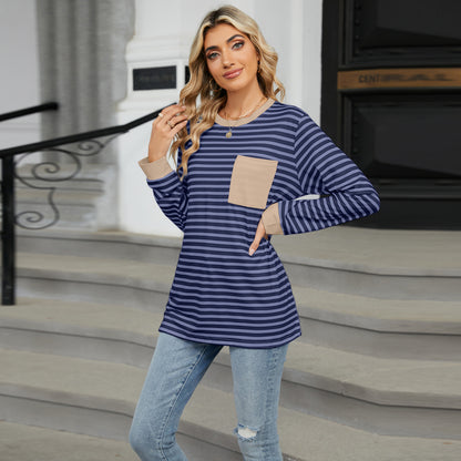 Striped Color-Block Pocket Long-Sleeve Top - Multi-Color Casual Women's T-Shirt