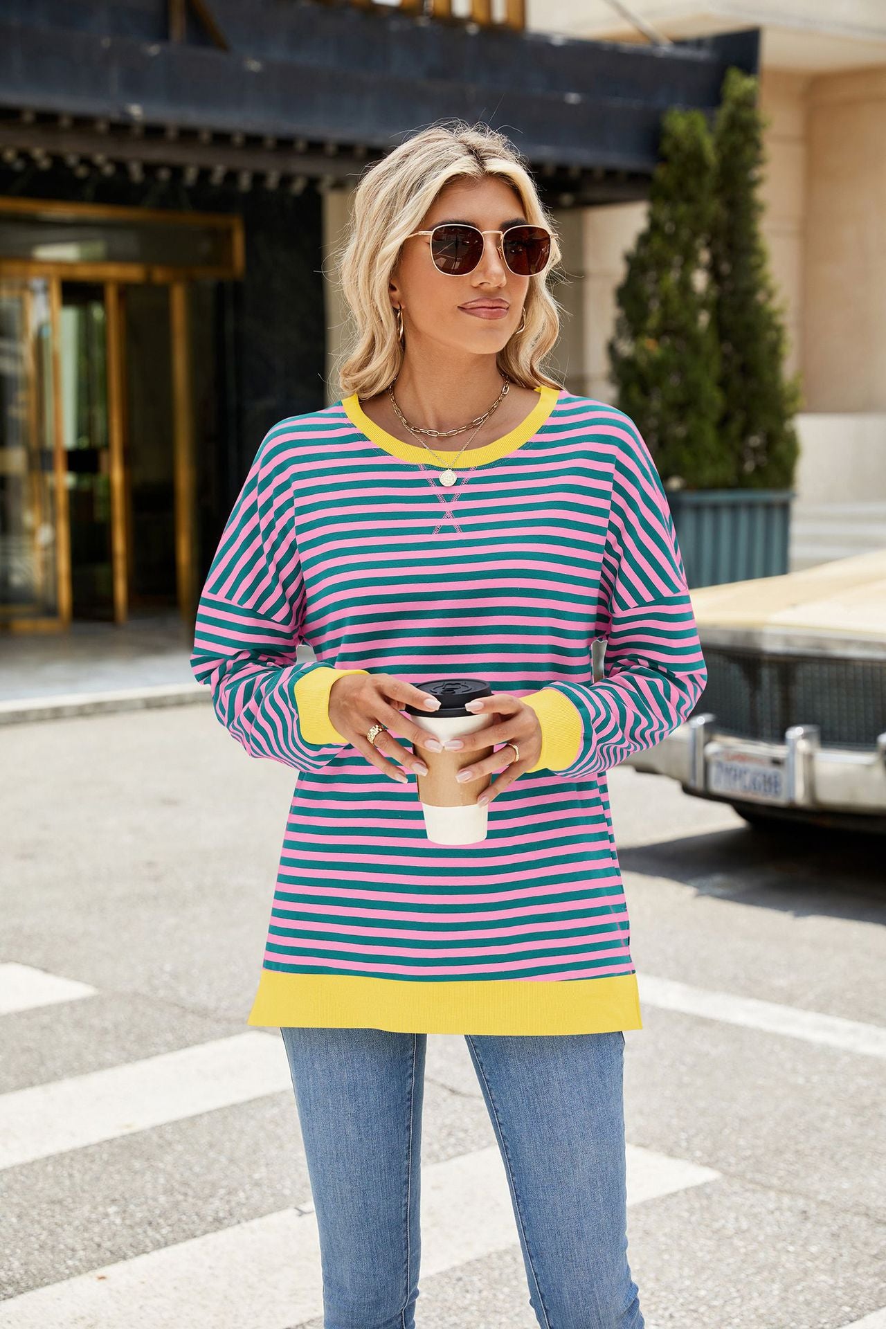 Striped Color-Block Slit Long-Sleeve Top - Multi-Color Casual Women's T-Shirt
