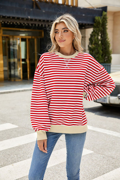 Striped Color-Block Long-Sleeve Top - Multi-Color Casual Women's T-Shirt