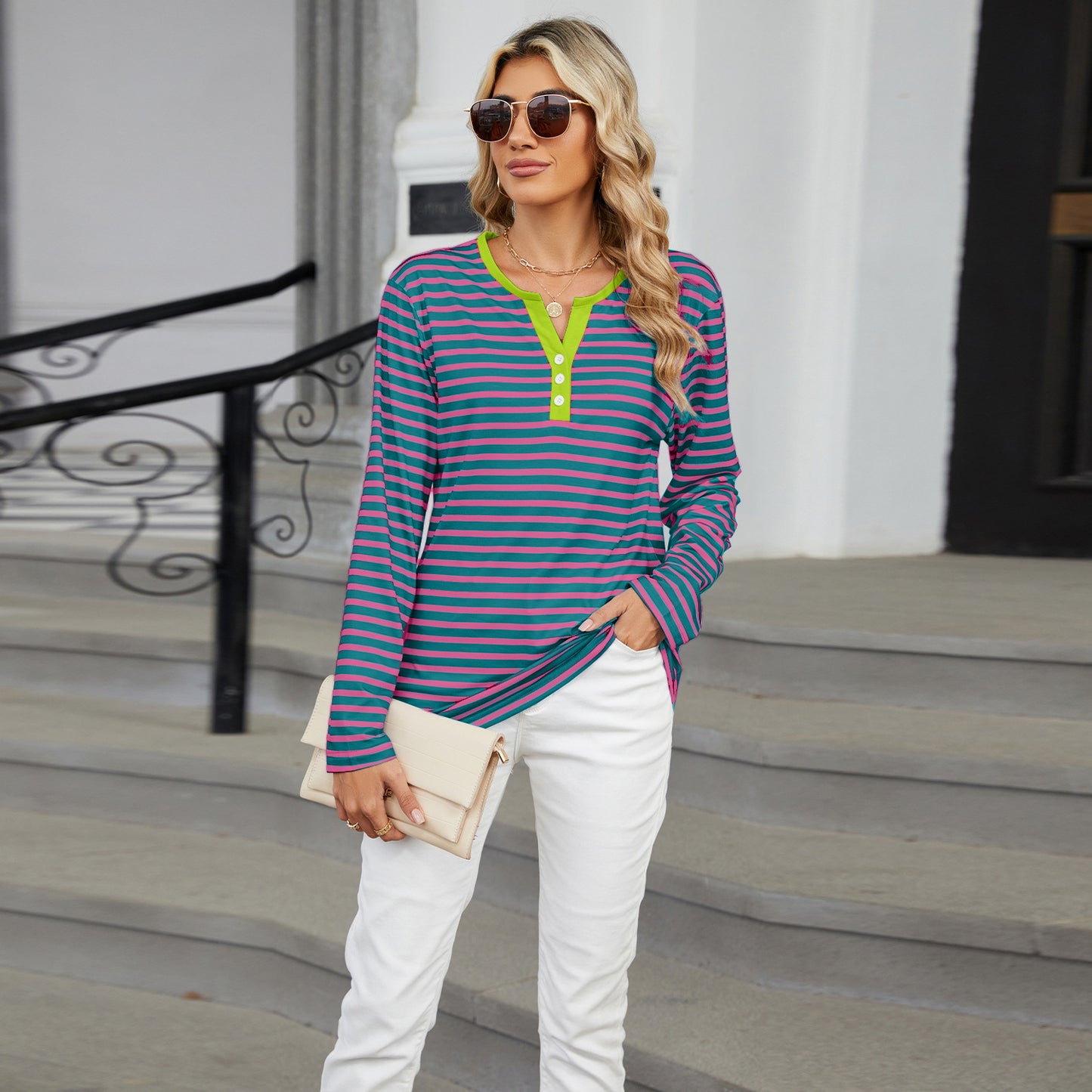 Striped Color-Block V-Neck Long-Sleeve Top - Multi-Color Button Women's T-Shirt