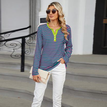 Striped Color-Block V-Neck Long-Sleeve Top - Multi-Color Button Women's T-Shirt