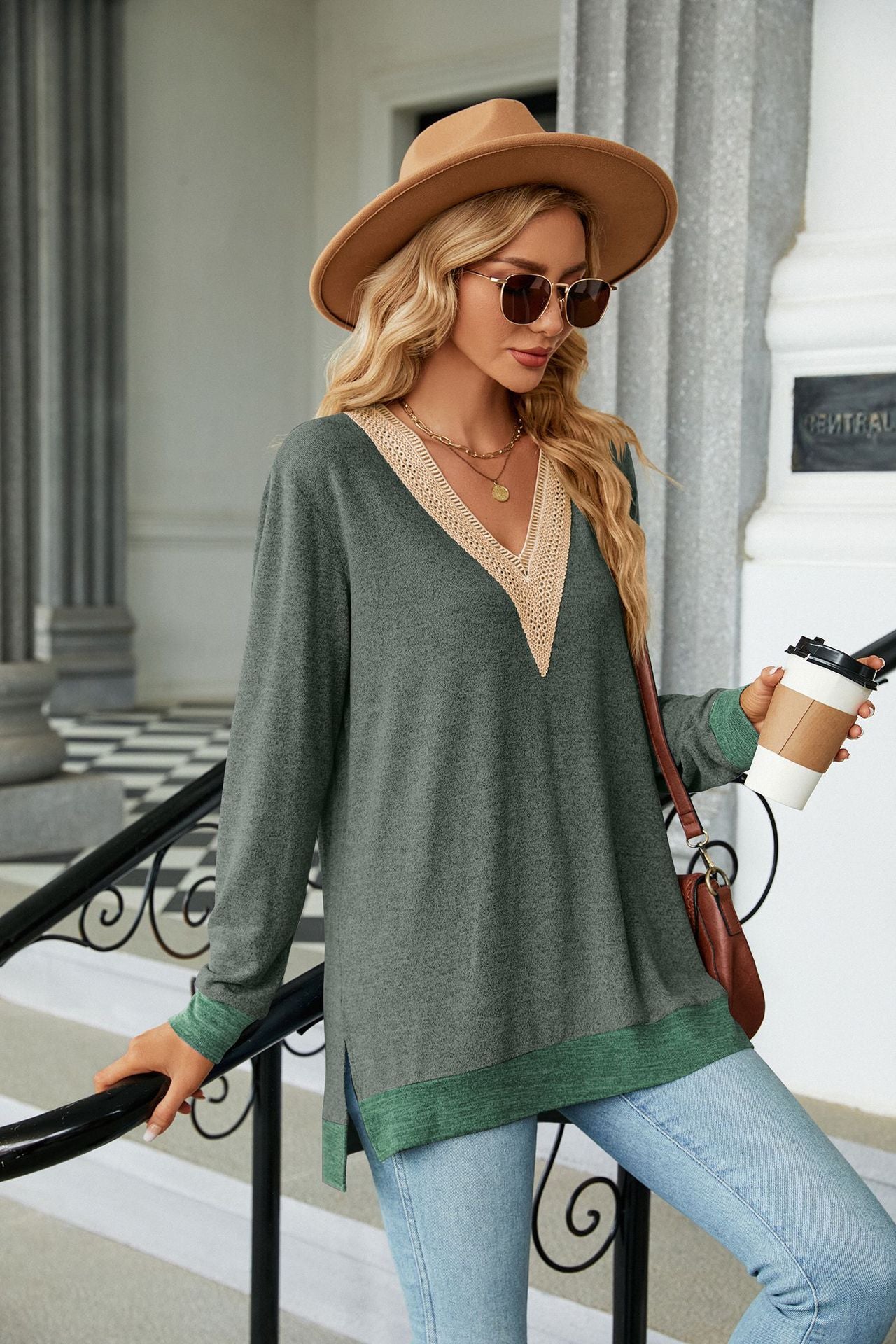 Lace-Embellished V-Neck Top - Multi-Colored Long-Sleeve Women's T-Shirt
