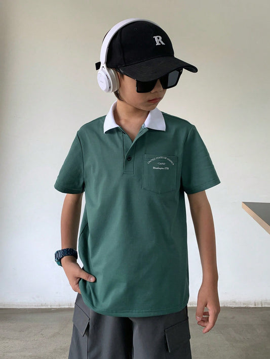 100% 聚酯纤维 时尚夏季个性街头潮流舒适宽松男童（大）Polo衫绿色 8-12岁