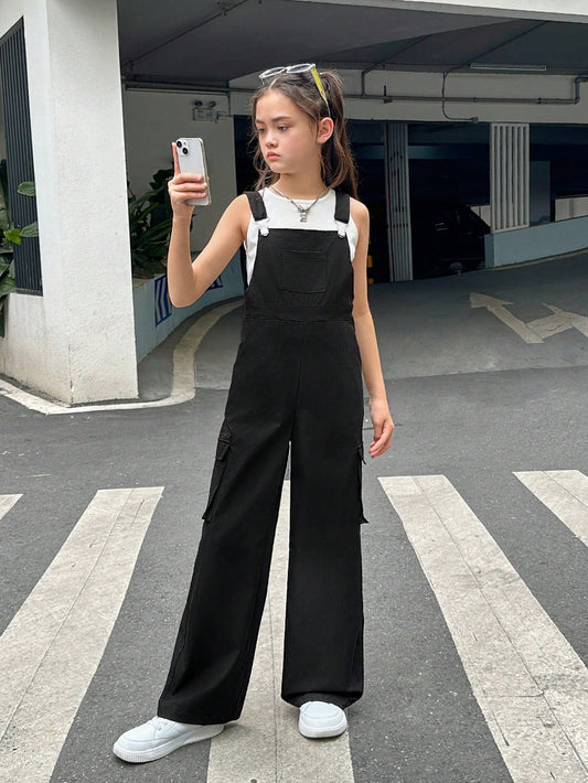 100% 聚酯纤维 女童（大）连体裤吊带裤黑色可爱通勤 8-12 лет