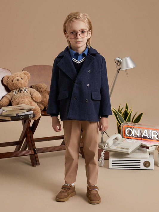 100% 聚酯纤维 时尚冬季保暖潮流小西服蓝色百搭男童（小）呢子 4-7 лет
