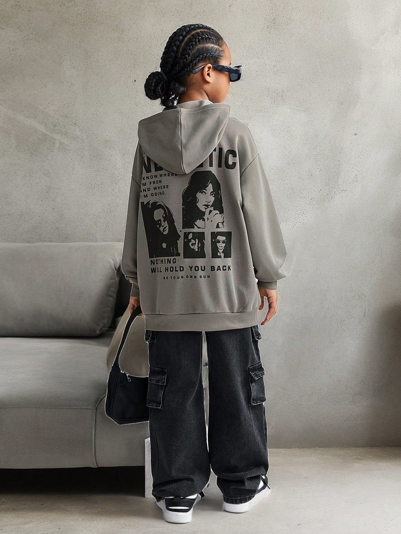 100% 聚酯纤维 灰色潮流时尚街头宽松版式女童（大）卫衣 8-12 лет