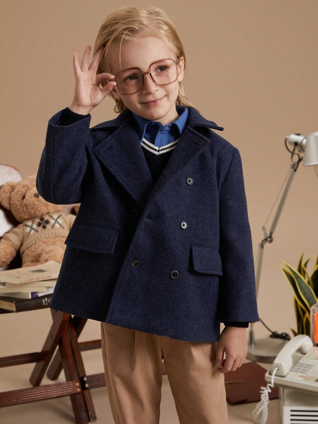 100% 聚酯纤维 时尚冬季保暖潮流小西服蓝色百搭男童（小）呢子 4-7 лет