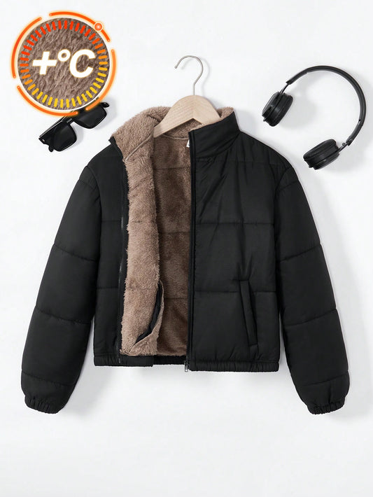 100% 聚酯纤维 时尚潮流纯色毛绒冬季保暖舒适女童（大）棉服 黑色8-12 лет