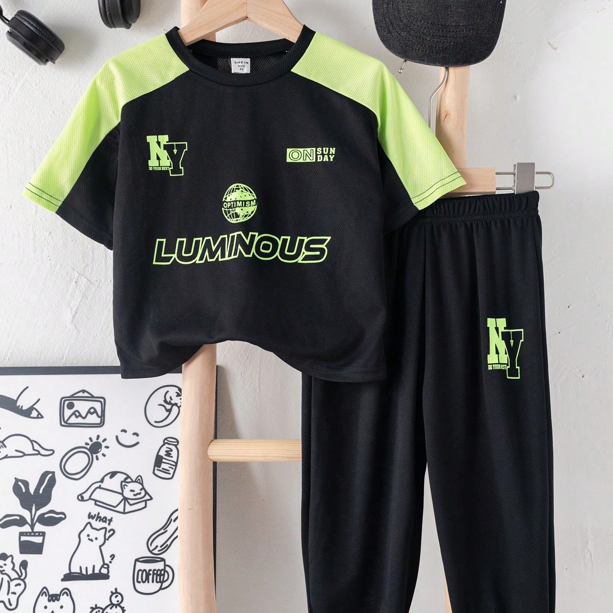 100% 聚酯纤维 时尚夏季新款潮流个性穿搭男童（小）插肩袖T恤套装黑色 4-7 лет