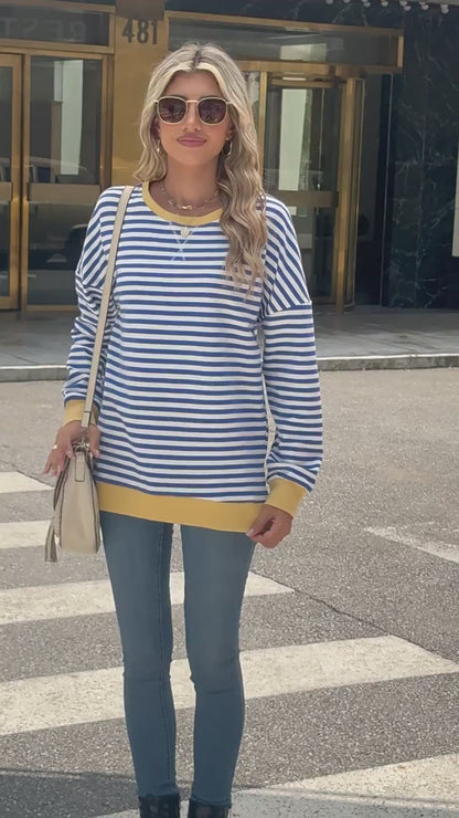 Striped Color-Block Slit Long-Sleeve Top - Multi-Color Casual Women's T-Shirt