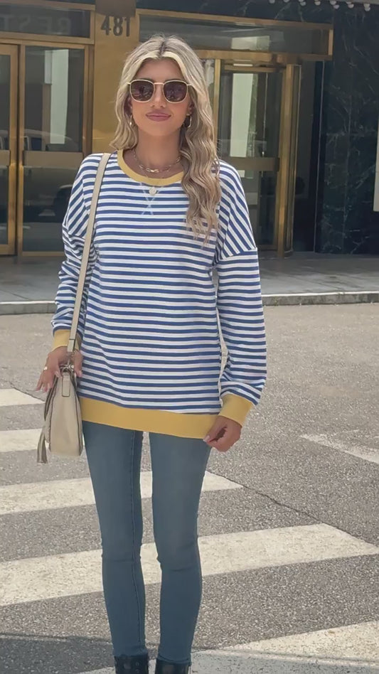 Striped Color-Block Slit Long-Sleeve Top - Multi-Color Casual Women's T-Shirt