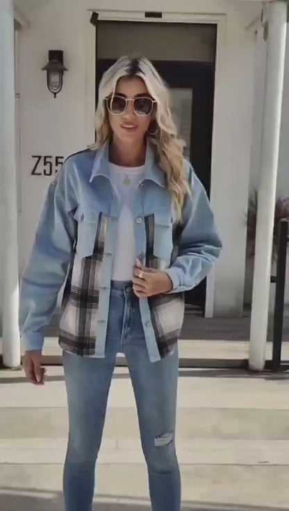 Plaid Patchwork Denim Jacket - Women's Loose Long-Sleeve Outerwear