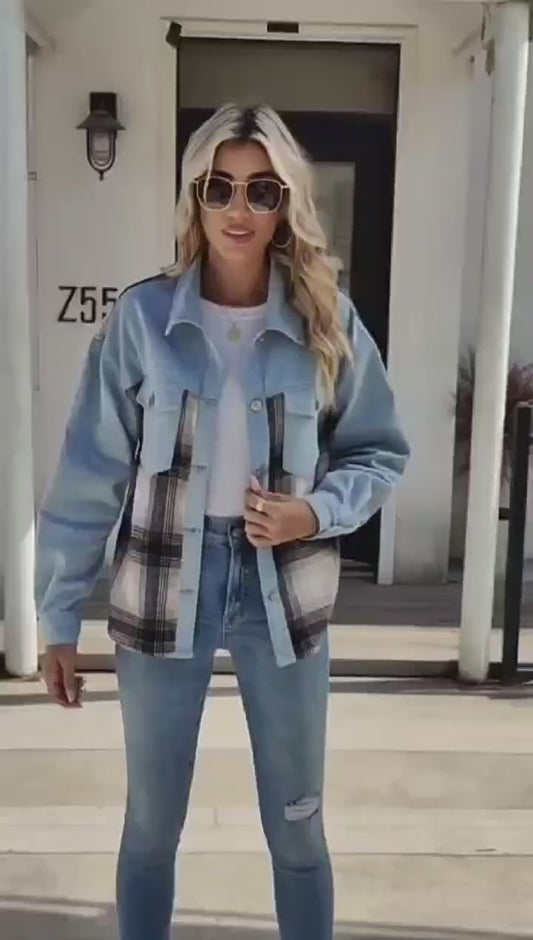 Plaid Patchwork Denim Jacket - Women's Loose Long-Sleeve Outerwear