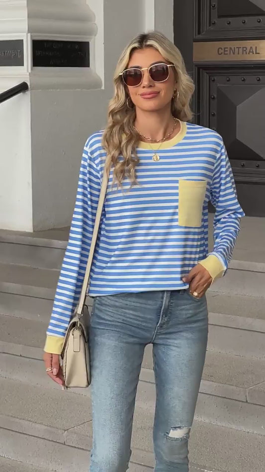 Striped Color-Block Pocket Long-Sleeve Top - Multi-Color Casual Women's T-Shirt