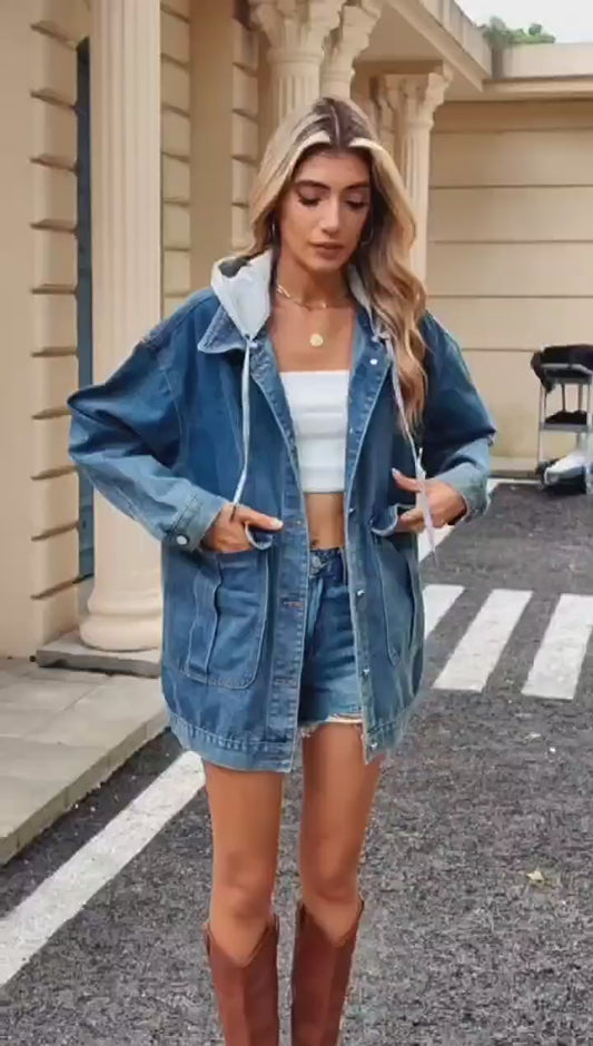 Detachable Hooded Denim Jacket - Women's Loose Casual Outerwear