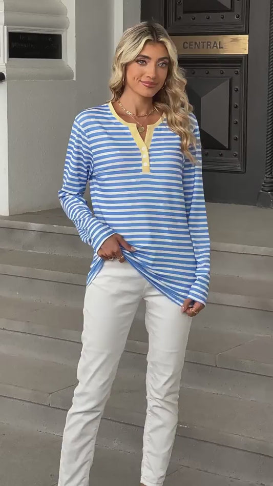 Striped Color-Block V-Neck Long-Sleeve Top - Multi-Color Button Women's T-Shirt