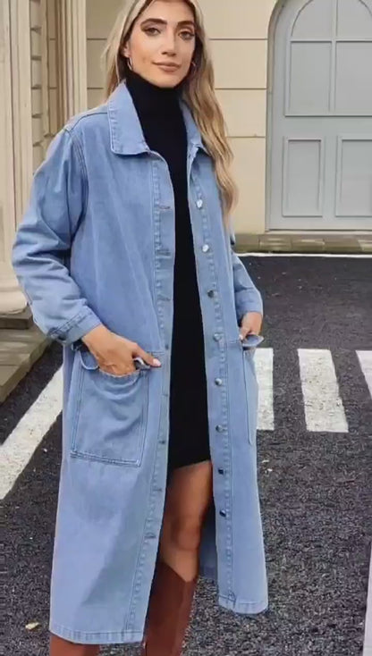 Classic Long Denim Jacket - Women's Loose Trench-Coat Style outerwear