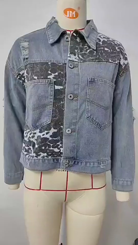 Animal Print Patchwork Denim Jacket - Women's Printed Short Outerwear