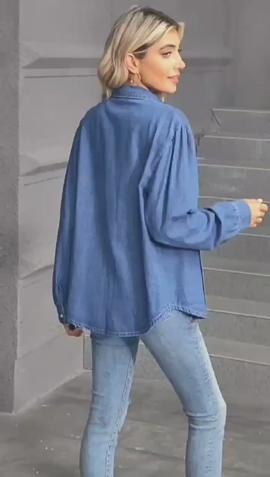 Vintage Pleated Denim Shirt - Women's Loose Long-Sleeve Outerwear