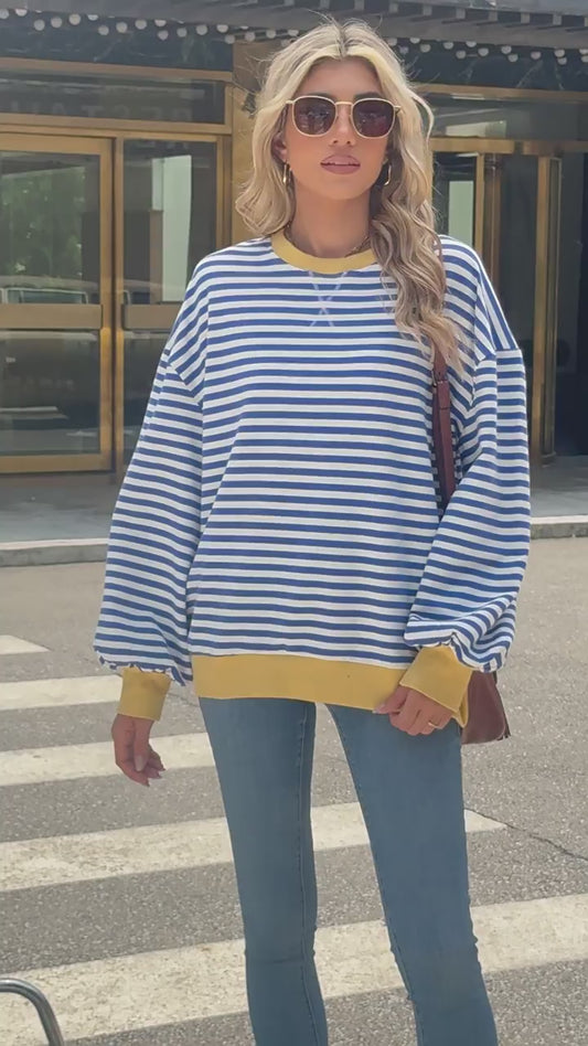 Striped Color-Block Long-Sleeve Top - Multi-Color Casual Women's T-Shirt