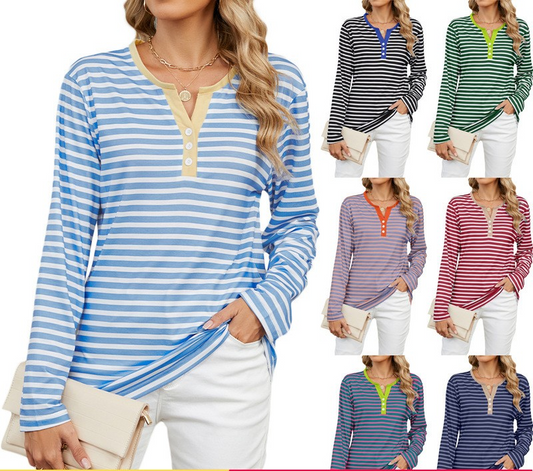 Striped Color-Block V-Neck Long-Sleeve Top - Multi-Color Button Women's T-Shirt